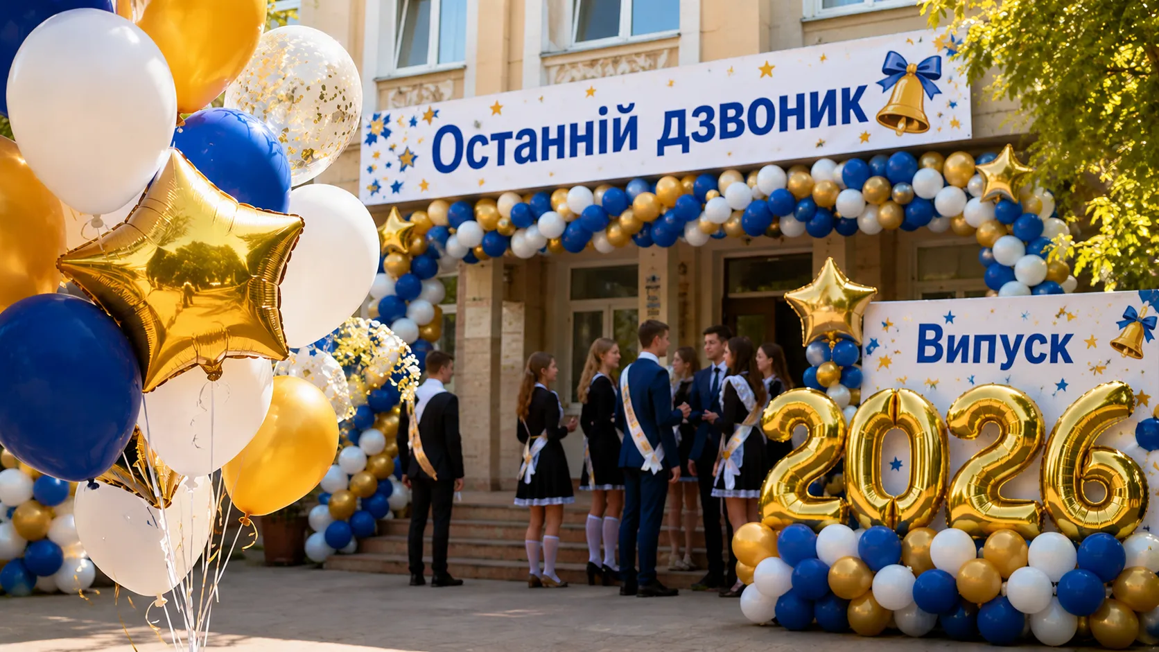 Святкове оформлення школи повітряними кульками на останній дзвоник